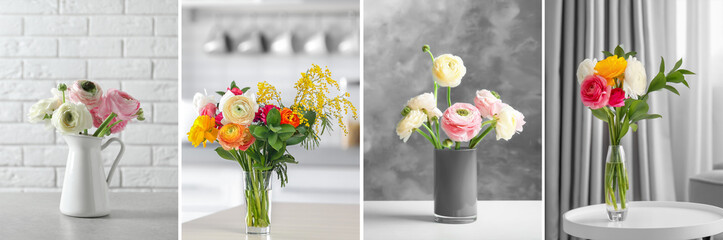 Set with beautiful aromatic ranunculus flowers in room interior