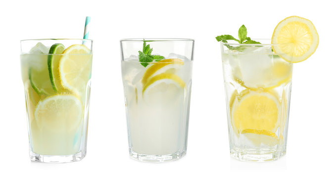 Set with fresh lemonade on white background