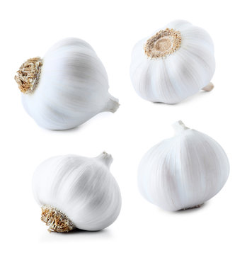 Set of different garlic bulbs on white background