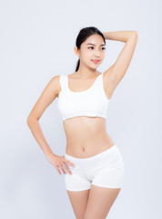 Fototapeta na wymiar Portrait young asian woman smiling beautiful body diet with fit isolated on white background, model girl weight slim with cellulite or calories, health and wellness concept.