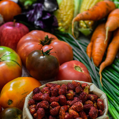 Harvest, Autumn. Panoramic collection of fresh healthy fruits and vegetables. Healthy eating background. Vegetables background