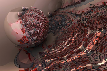 Naklejka premium Red geometry world, decaying sphere, interconnected objects. Complex layered spherical design on left side of frame, miscellaneous geometric patterns and waves. Mosaic of geometry