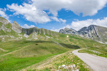 View of the picturesque Prutash mountain with snow strips.