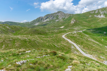 View of the picturesque Prutash mountain with snow strips.