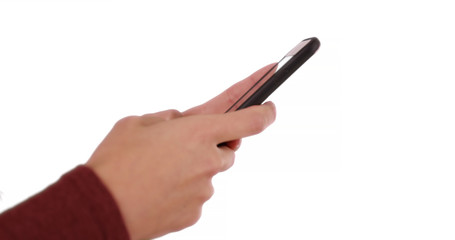 Close up of woman hands texting on white background