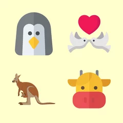 Fotobehang animals vector icons set. kangaroo, love birds, cow and penguin in this set © Orxan