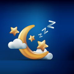 Vector 3d style illustration of golden moon, stars and clouds on blue background. Sleeping concept. Night dream icons and design elements.