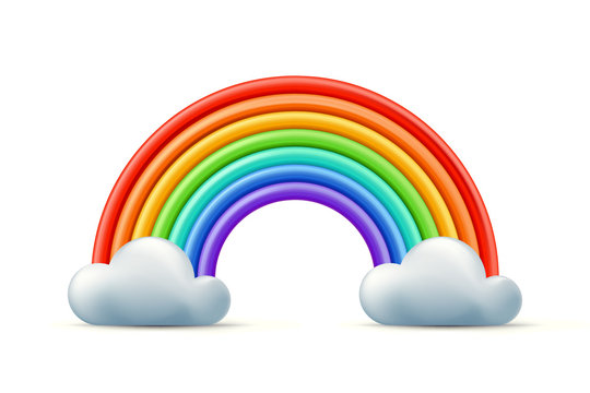 Vector multicolor 3d style illustration of rainbow and two clouds. Plasticine or clay abstract background or design element.