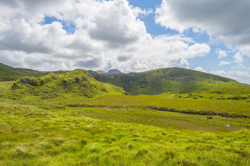 Obraz premium Panorama of mountains, marshy land and heathland of Connemara National Park in summer