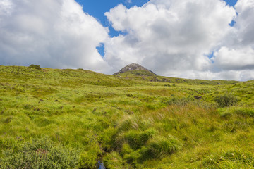 Fototapeta na wymiar Panorama of mountains, marshy land and heathland of Connemara National Park in summer
