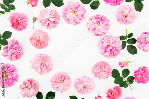 Floral Frame Of Pastel Pink Roses And Petals On White Background