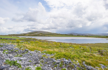 Mountain on the horizon of national park the Burren in Ireland