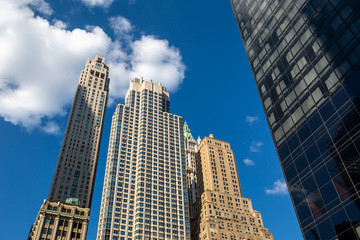 Fototapeta na wymiar New York City / USA - JUL 18 2018: Financial District buildings facade and apartments in Lower Manhattan
