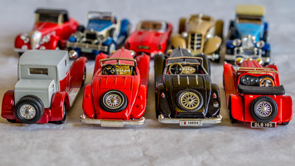 collection of old car model. replica of vintage car. collectible toys