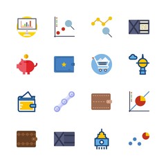 16 economy icons vector set. shopping cart, wallet, skyscraper and chain