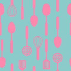Pink Kitchen tools icon seamless pattern green background