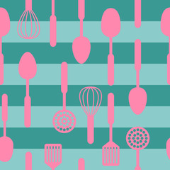 Pink Kitchen tools icon seamless pattern green background