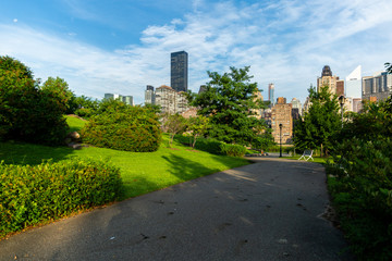 Fototapeta na wymiar New York City / USA - JUL 31 2018: Garden and enviroment on Roosevelt Island with midtown manhattan in the background