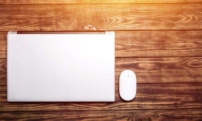 Laptop computer and mouse. Isolated  background