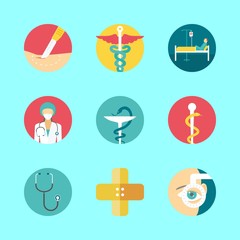 9 hospital icons vector set. band aid, ophthalmology, surgery and stethoscope