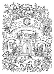 Black and white illustration with gnome school in mushroom, pupils and teacher. Back to school vector illustration, September 1, knowledge day and science concept, doodle line art drawings