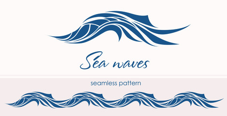 Marine seamless pattern with stylized waves on a light backgroun