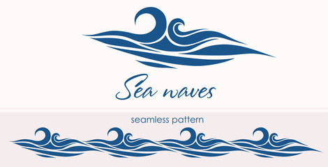 Marine seamless pattern with stylized waves on a light backgroun