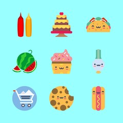 food vector icons set. wedding cake, watermelon, cookie and shopping cart in this set