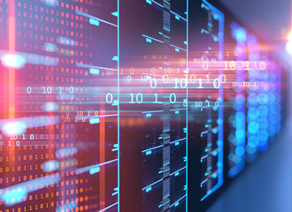 Corridor of  server room with server racks in datacenter. 3d illustration