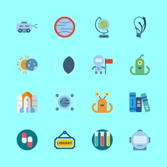 science vector icons set. earth globe, moon rover, pills and astronaut in this set