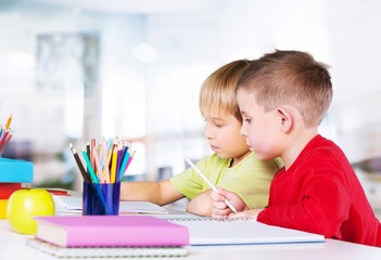 Two little boys studying subject on background