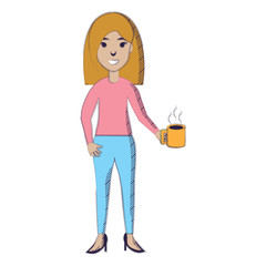 cartoon woman with a coffee mug over white background, vector illustration