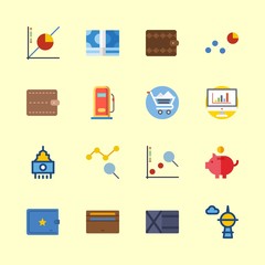 16 economy icons vector set. skyscraper, wallet, savings and shopping cart