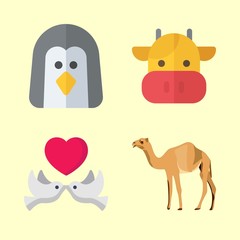 animals vector icons set. cow, camel, penguin and love birds in this set