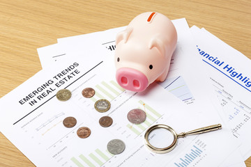 pink pig coin bank with a financial paper, coin, ribbon at the office