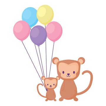 balloons and cute monkeys over white background, vector illustration