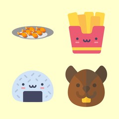 eat vector icons set. onigiri, french fries, fried chicken leg and squirrel in this set