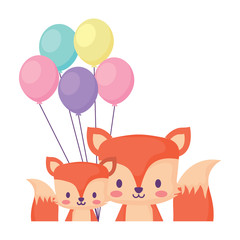 balloons and cute foxes over white background, vector illustration