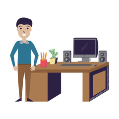 Designer man at the office with desk with computer and decorative objects over white background, vector illustration