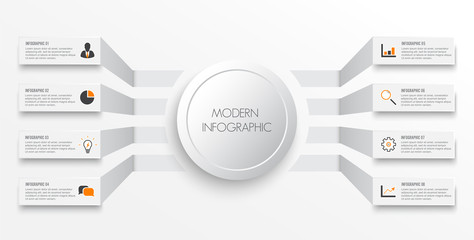 Vector infographic template with 3D paper label, integrated circles. Business concept with 8 options. For content, diagram, flowchart, steps, parts, timeline infographics, workflow, chart.