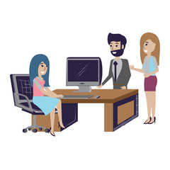 Fototapeta na wymiar cartoon designer woman at the office with business people over white background, vector illustration