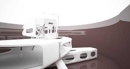 Abstract dynamic interior with brown smooth objects. 3D illustration and rendering