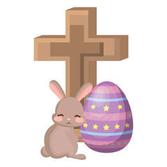 happy easter design with religious cross with cute bunny and easter eggs over white background, vector illustration
