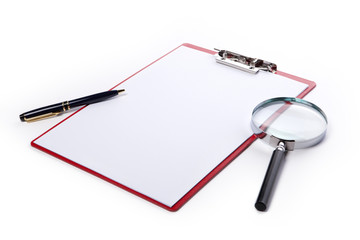 clipboard with magnifier, pen isolated white