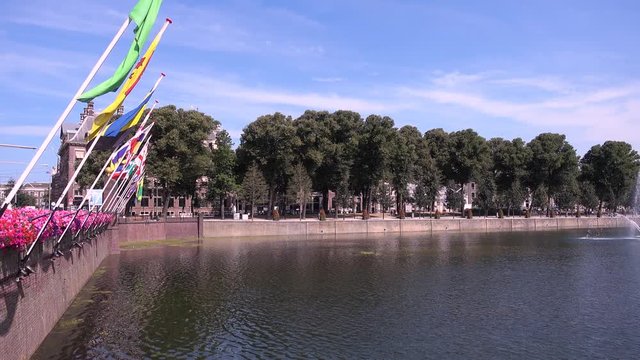 Scene in Center of The Hague Netherlands, Fountain and central Flagposts