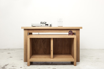 oak solid wood table with vintage audio