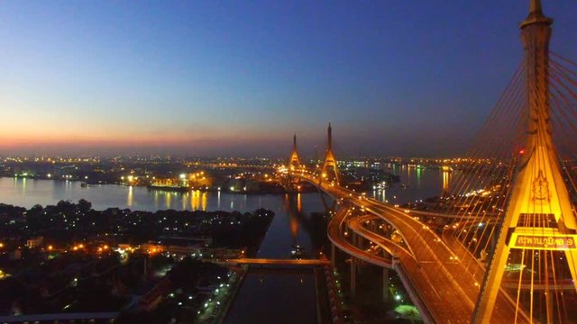 aerial view of bhumibol bridge at dawn in bangkok thailand