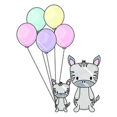 cute zebras and balloons over white background, vector illustration