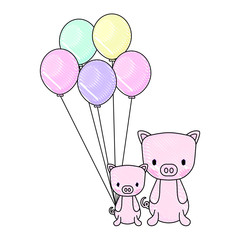 balloons and cute piggys over white background, vector illustration