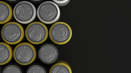 Big black, white and yellow soda cans on black background